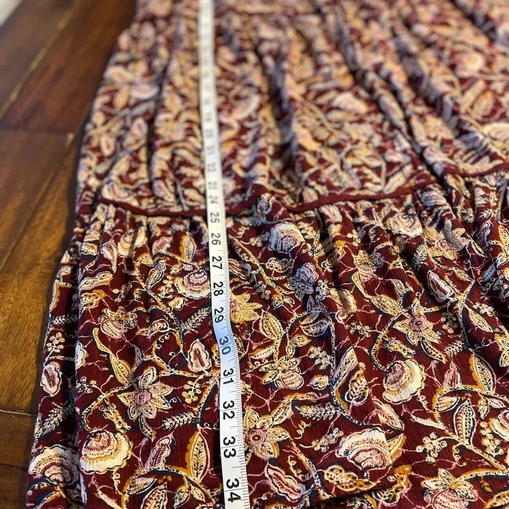 Wonderly Burgundy Floral Tiered Midi Skirt Size M Boho Fall